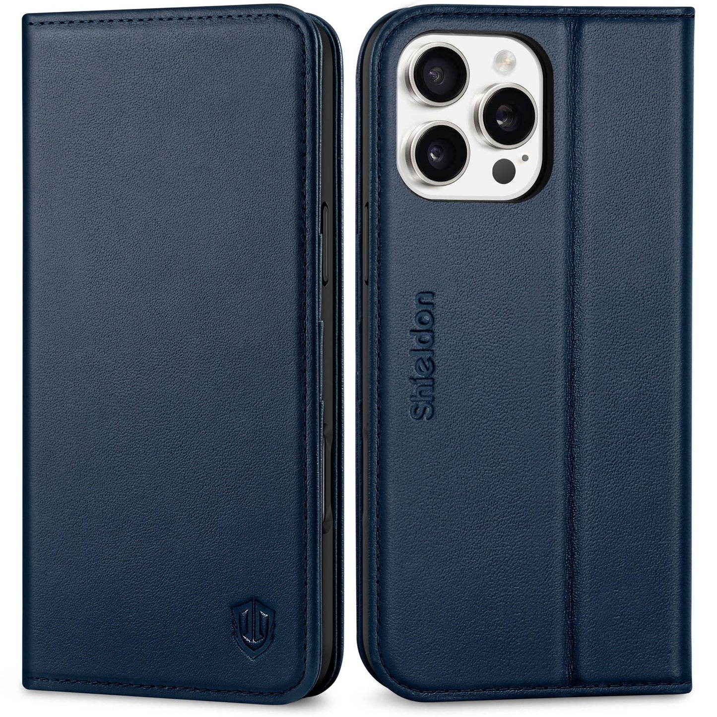 Shieldon usnjena preklopna torbica za iPhone 16 Pro Max navy modra