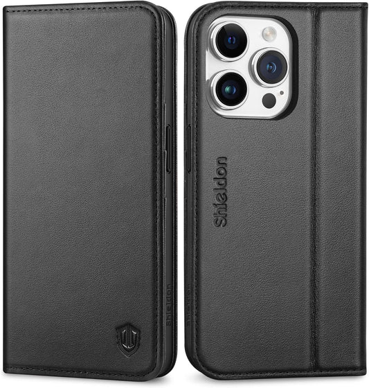SHIELDON Leather Flip Case for iPhone 15 Pro – Black
