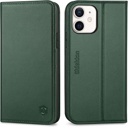 SHIELDON Flip Case for iPhone 12 / 12 Pro – Genuine Leather, RFID Blocking, Dark Green
