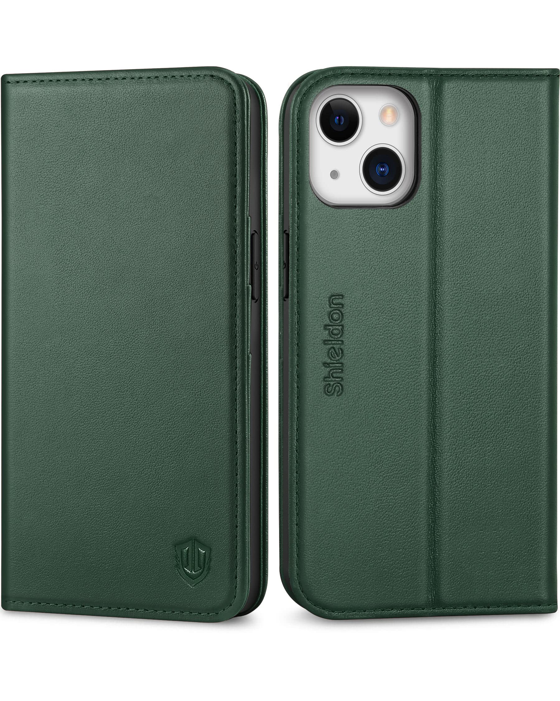 Shieldon usnjena preklopna torbica za iPhone 13 temno zelena