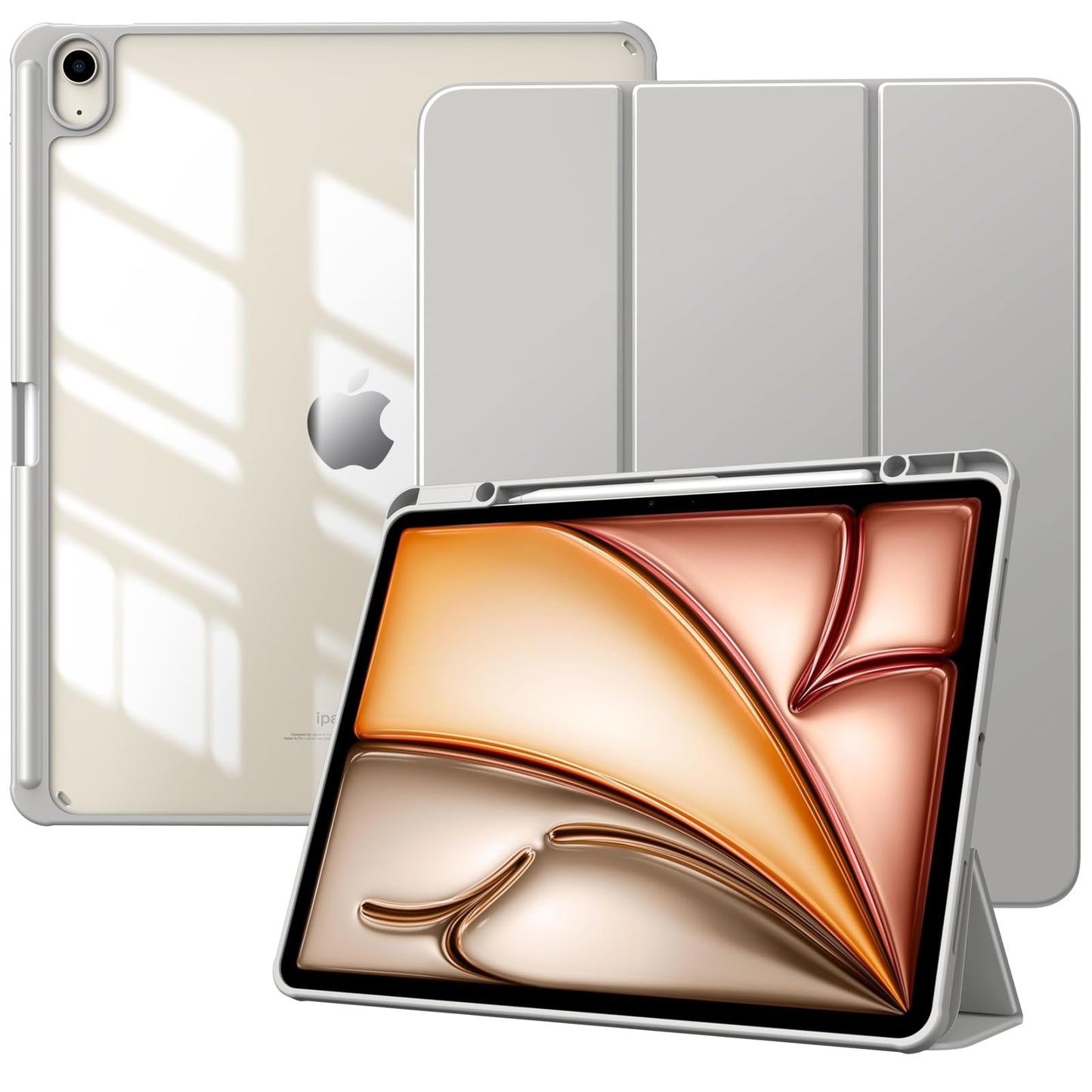 TiMOVOovitekza iPadAir13(M2/M3/M4 2024–2026)-prozornazadnjastran,držalozapisalo,stojalo,samodejnoprebujanje,svetlosiva