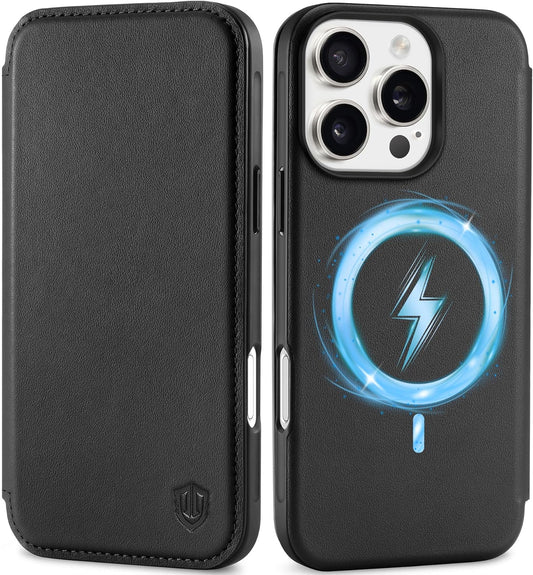 SHIELDON preklopna torbica za iPhone 16 Pro 6,3" – pravo usnje, RFID zaščita, brezžično polnjenje, črna