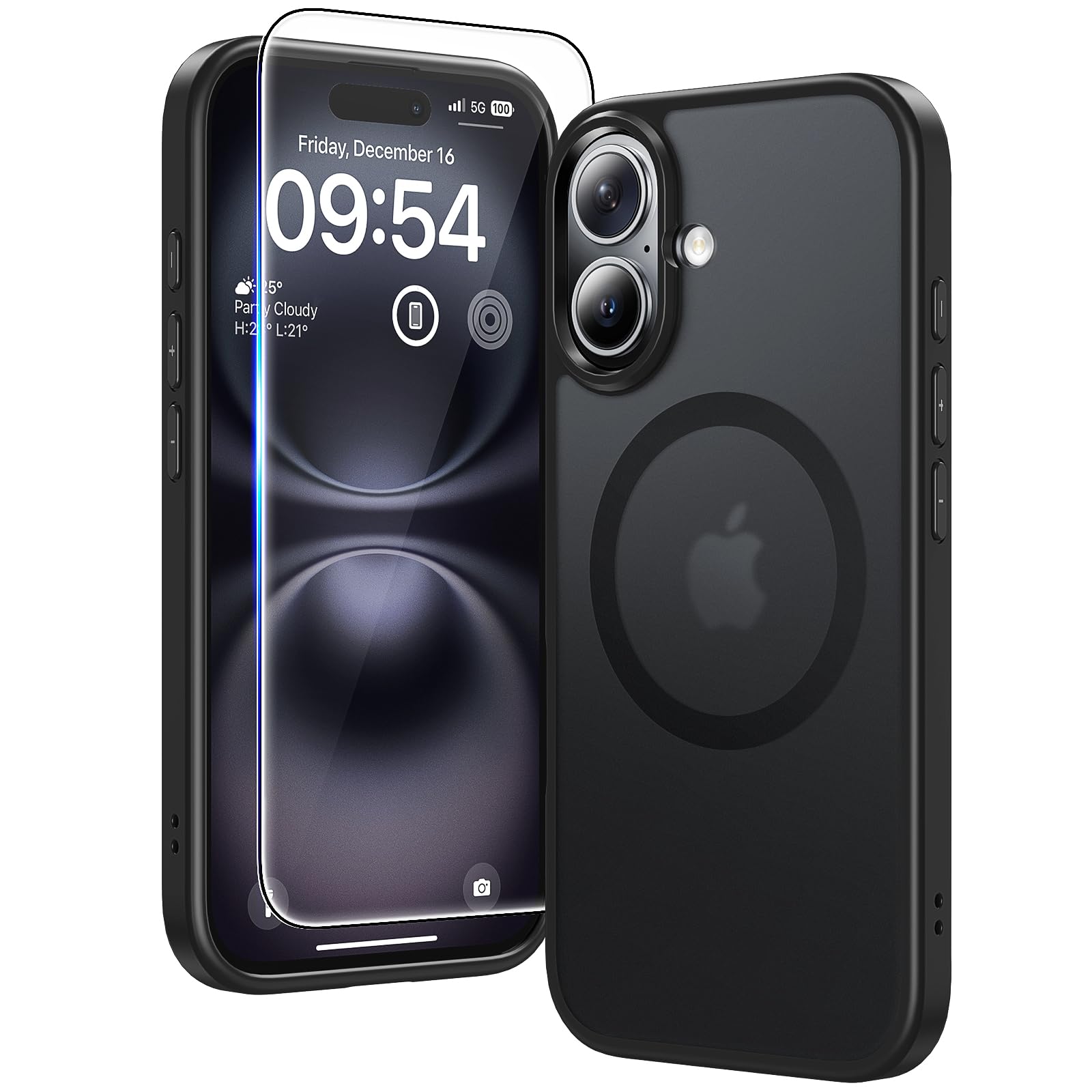 TAURI MagSafe ovitek za iPhone 16 mat prosojno črna z dvema zaščitnima stekloma