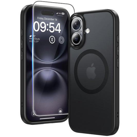 TAURI MagSafe ovitek za iPhone 16 mat prosojno črna z dvema zaščitnima stekloma