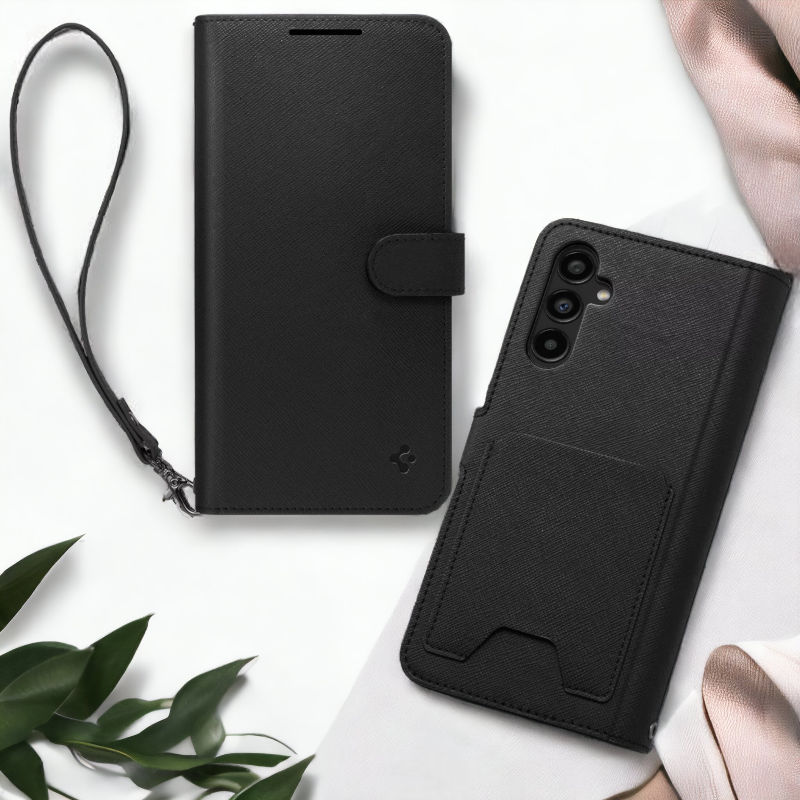 Preklopna torbica "Wallet S Plus" za Samsung Galaxy A54 – Spigen – Črna / Umetno usnje + TPU silikon