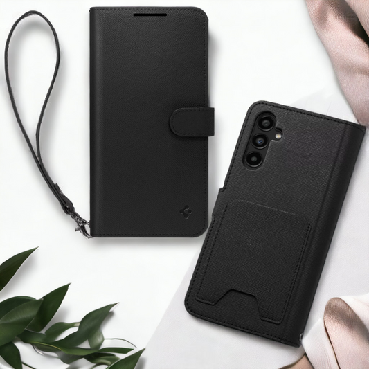 Preklopna torbica "Wallet S Plus" za Samsung Galaxy A54 – Spigen – Črna / Umetno usnje + TPU silikon