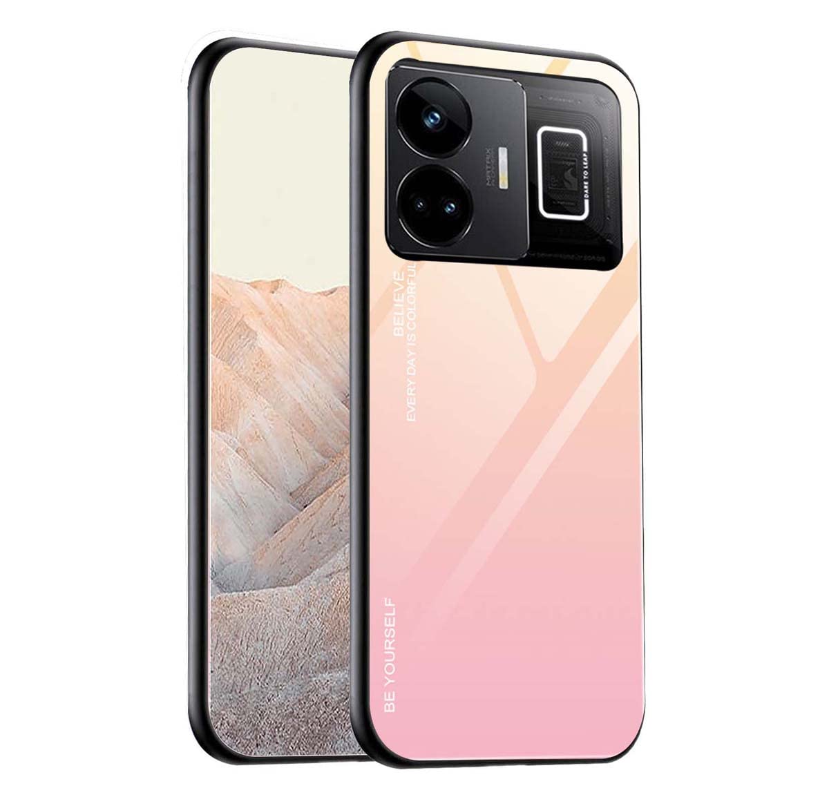 GOKEN Glass Case for Realme GT3 / GT Neo 5 5G – 9H Tempered Glass, TPU Frame, Pink
