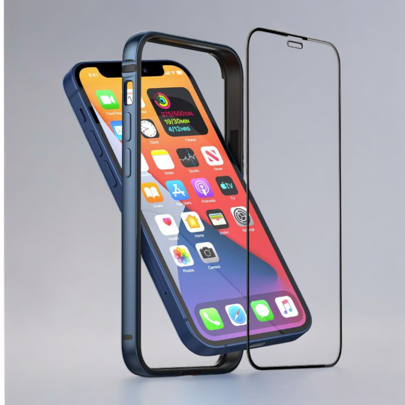 Komplet zaščitni okvir "Metal" in zaščitno steklo za Apple iPhone 12 Mini – Infostyle – Temno modra / TPU silikon