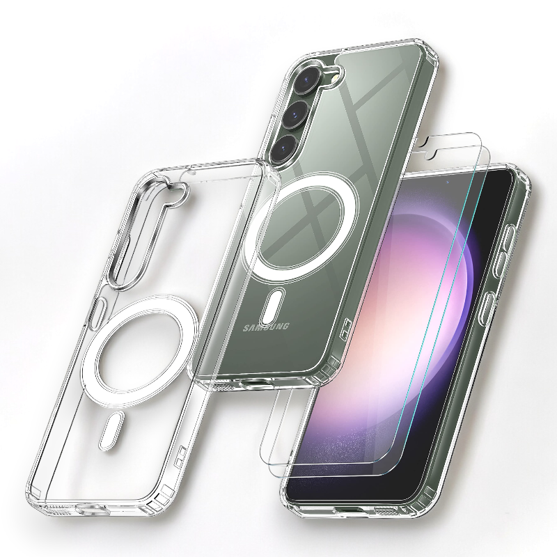 Komplet silikonski ovitek s tehnologijo MagSafe in 2x zaščitno steklo za Samsung Galaxy S23 – Infostyle – Prozorna / TPU