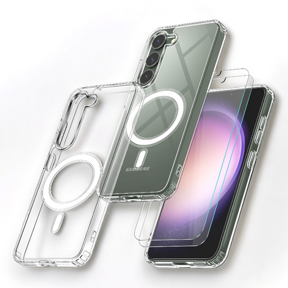 Komplet silikonski ovitek s tehnologijo MagSafe in 2x zaščitno steklo za Samsung Galaxy S23 – Infostyle – Prozorna / TPU