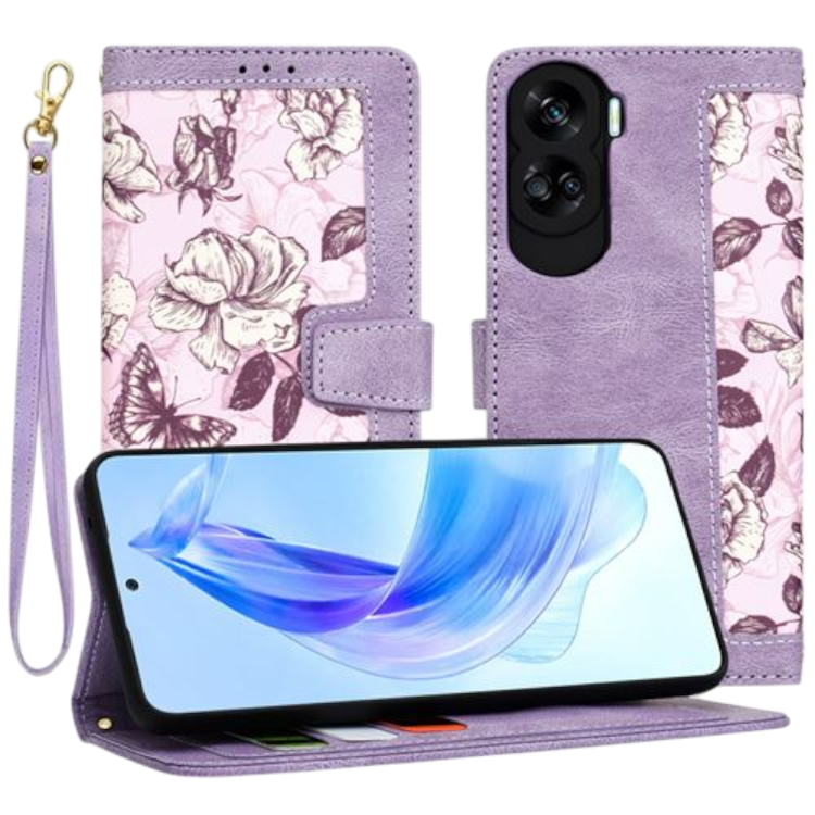 Preklopna torbica "FlipCraft" za Honor 90 Lite 5G, vijolična z rožami – Techsuit – Vijolična / TPU silikon