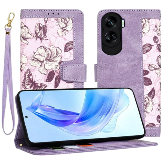 Preklopna torbica "FlipCraft" za Honor 90 Lite 5G, vijolična z rožami – Techsuit – Vijolična / TPU silikon