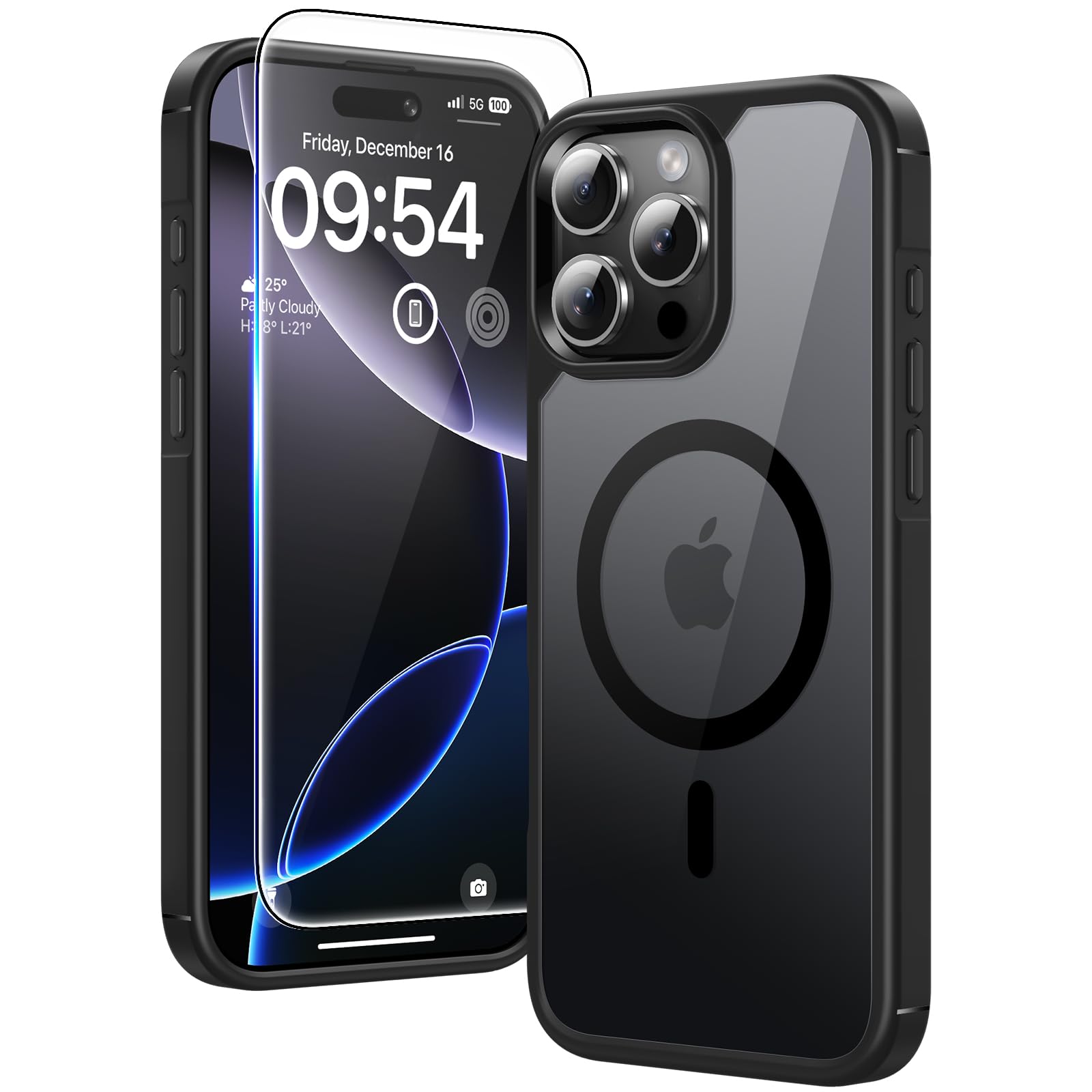 TAURI ovitek za iPhone 16 Pro Max MagSafe prozorna črna z dvema zaščitnima stekloma