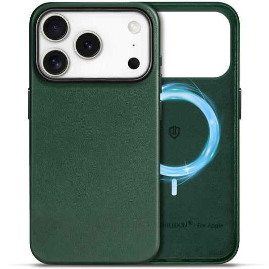 SHIELDON usnjen MagSafe ovitek za iPhone 17 Pro – Evergreen: SHIELDON usnjen MagSafe ovitek iPhone 17 Pro Evergreen zaščita