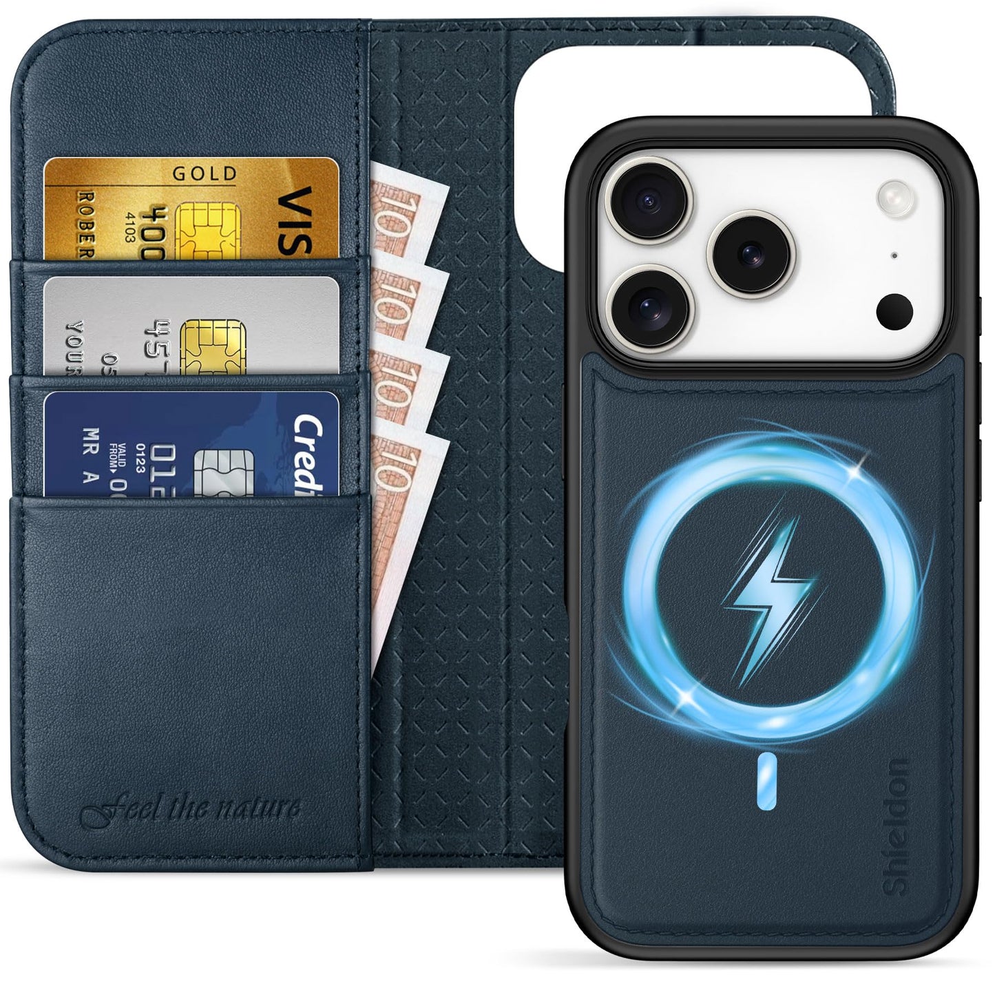 Ovitek iz pravega usnja SHIELDON za iPhone 17 Pro + snemljiva magnetna denarnica - tm.modra: SHIELDON usnjen ovitek iPhone 17 Pro snemljiva magnetna denarnica temno modra
