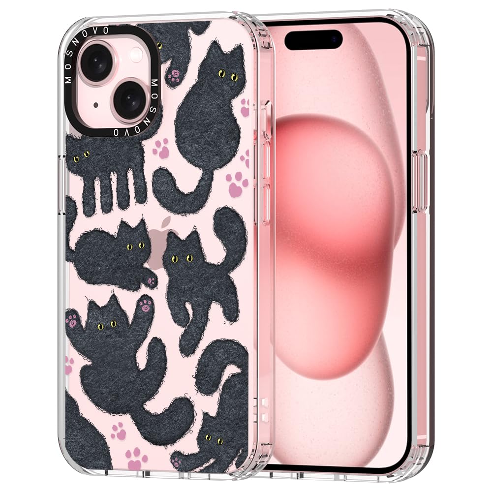 MOSNOVO ovitek za iPhone 15 Plus Black Furry Cat, črni kosmat motiv mačke z zanesljivo zaščito telefona