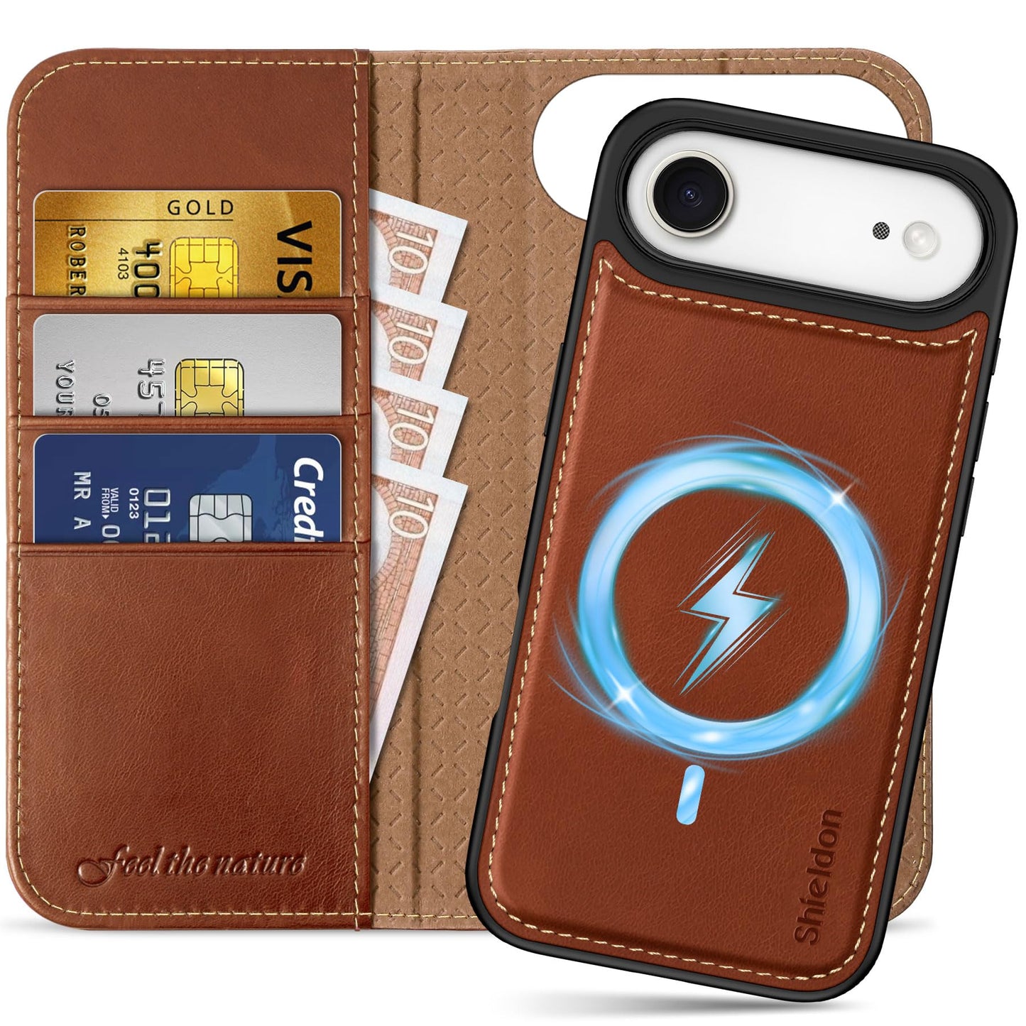 SHIELDON 2-in-1 Odstranljiva Denarnica za iPhone 17 Air 6.5" Retro Rjava, snemljiv ovitek z denarnico in robustno zaščito telefona