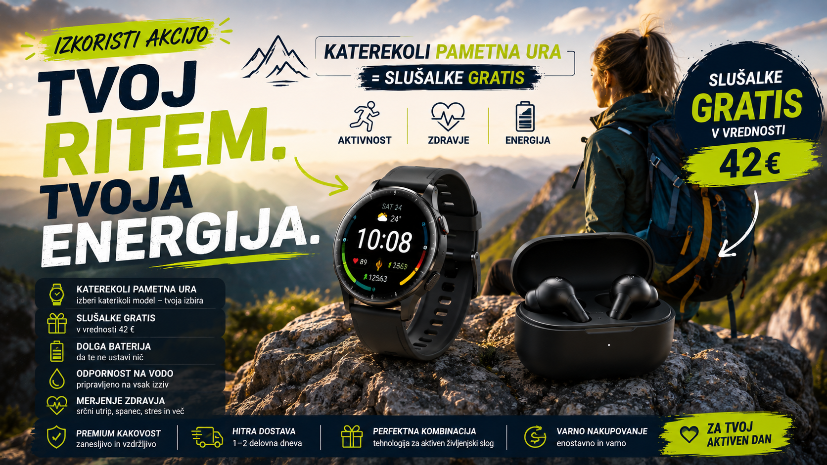 Fit ponudba s katerokoli pametno uro in brezplačnimi brezžičnimi slušalkami v vrednosti 42 € za aktiven življenjski slog.