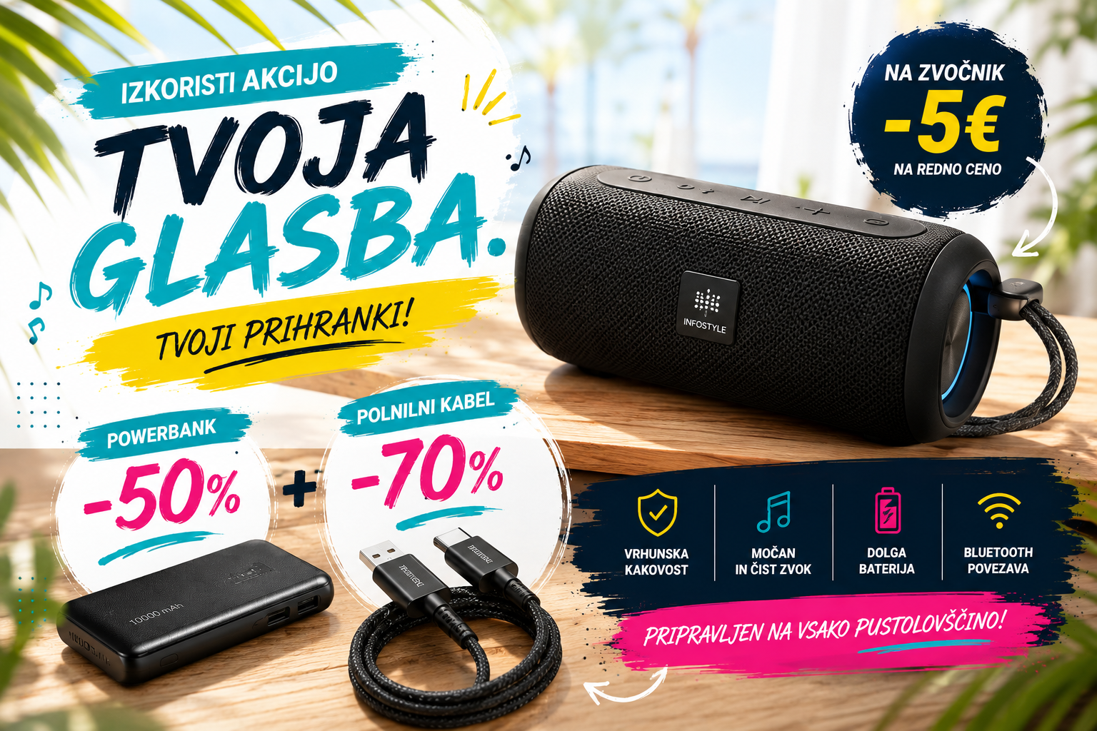 Party ponudba z zvočnikom, powerbankom in polnilnim kablom ter popusti do 70 % na dodatke.