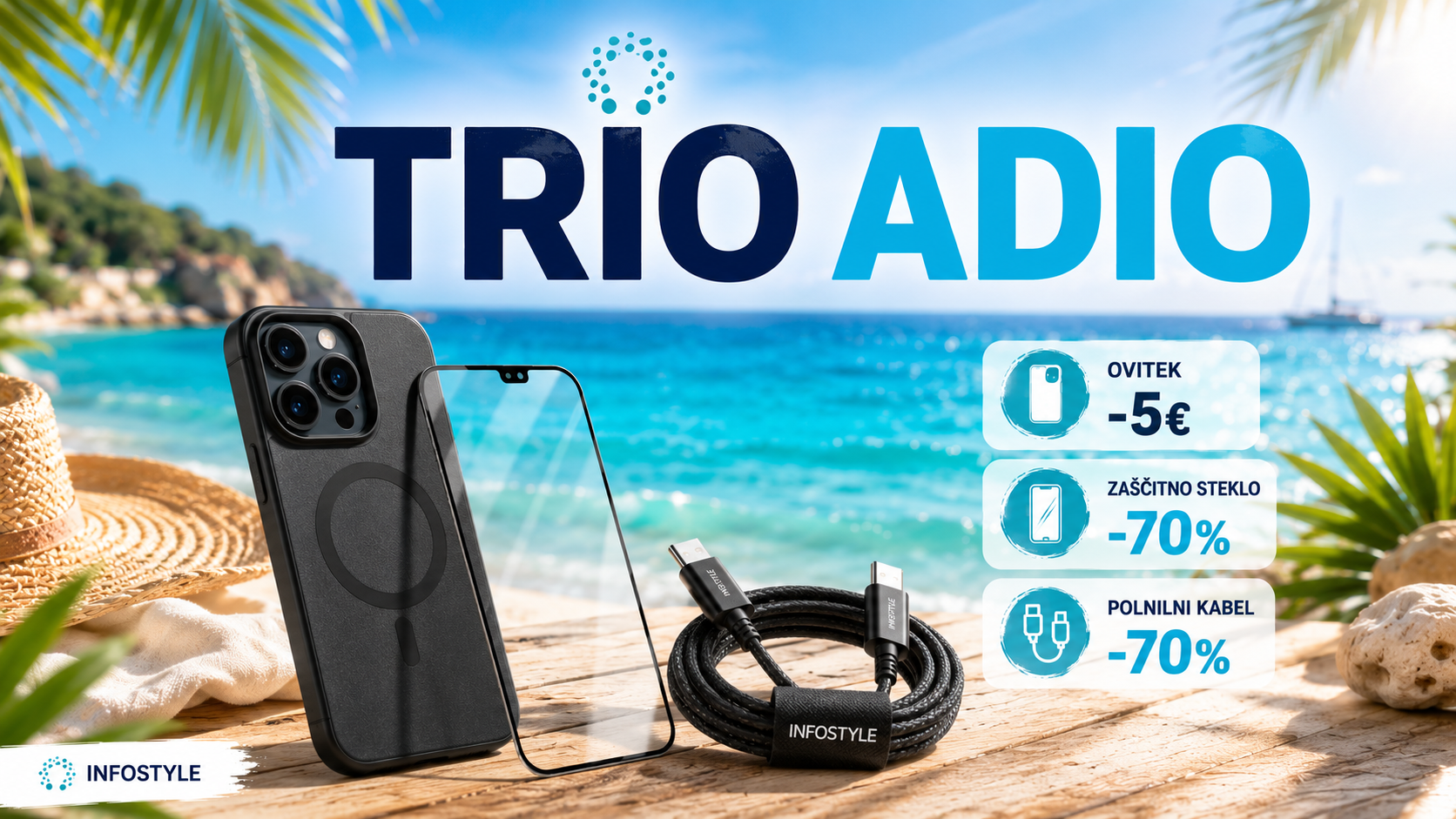 Trio Adio akcija za telefone z ovitkom, zaščitnim steklom in polnilnim kablom ter prihrankom do 70 %.