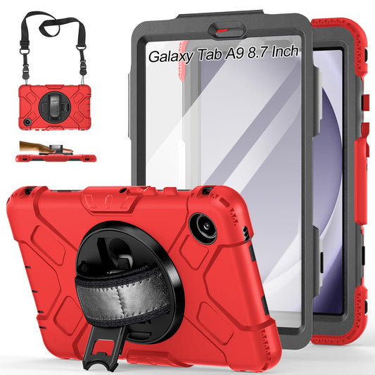 Vojaški 3-slojni Ovitek za Samsung Galaxy Tab A9 8.7” – 360° Stojalo + Naramni Trak + S Pen Držalo (Rdeč)