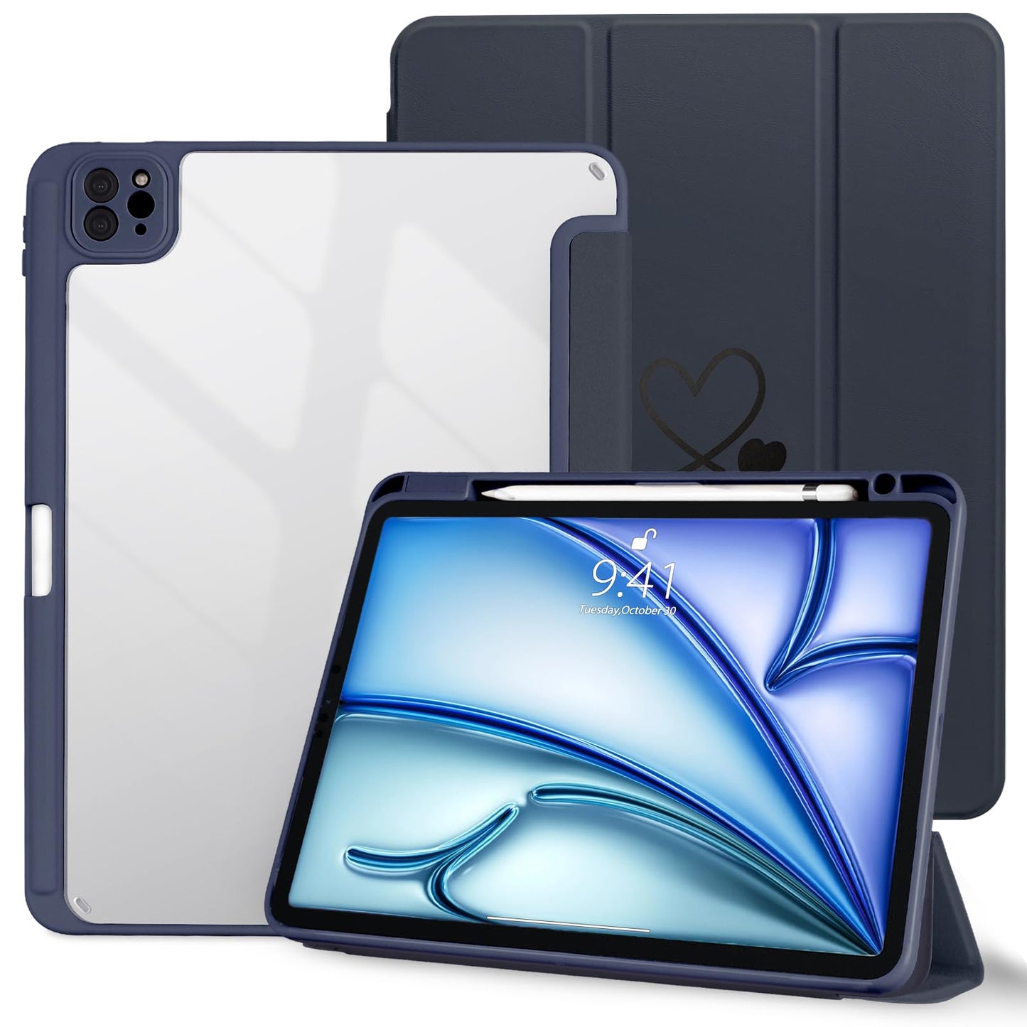 Ovitek za iPad Air 11 M2 2024 / iPad Pro 11 – Prozoren Zadnji Pokrov z Držalom za Pisalo, Temno Moder