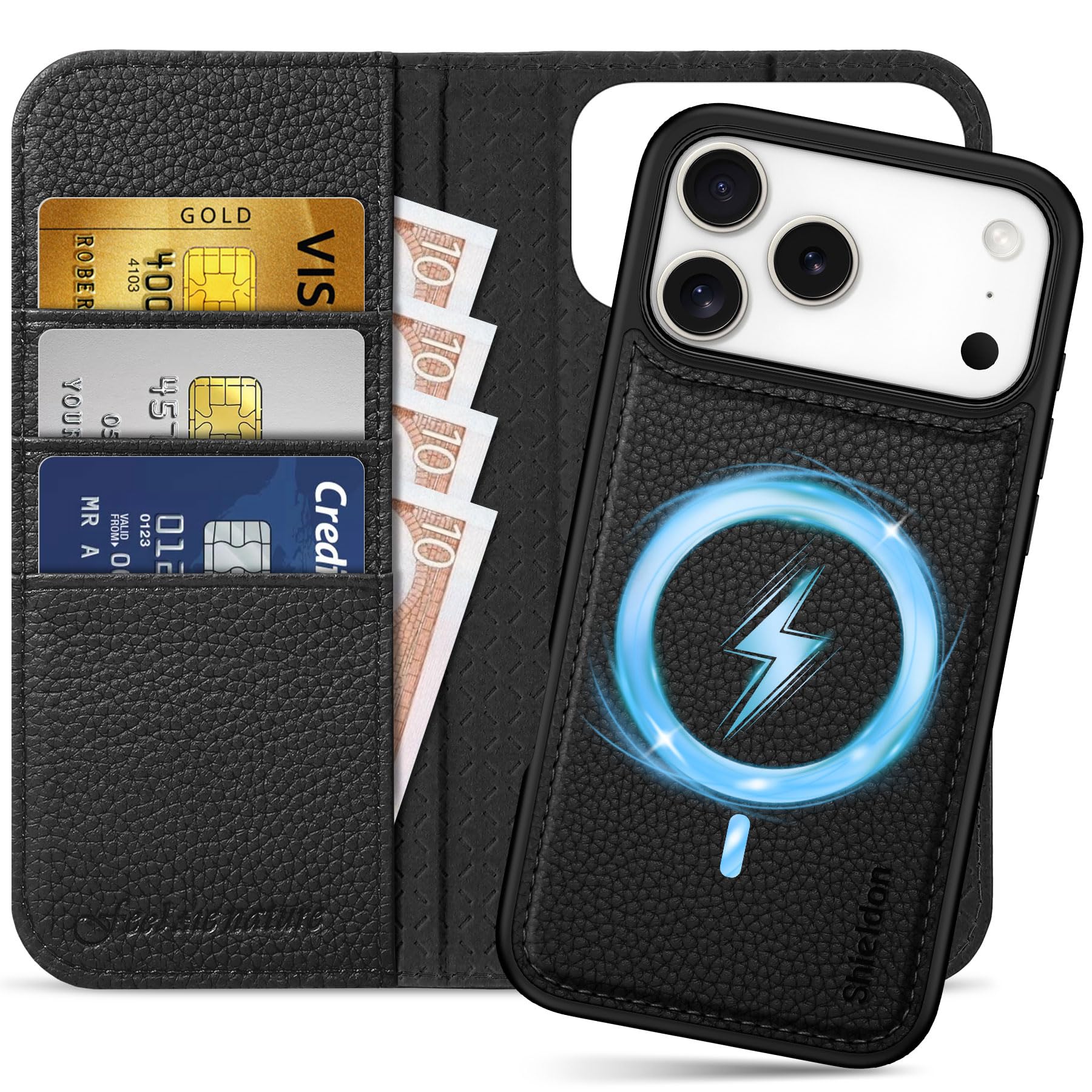 SHIELDON snemljiv usnjen ovitek z denarnico za iPhone 17 Pro Max, RFID zaščita, stojalo