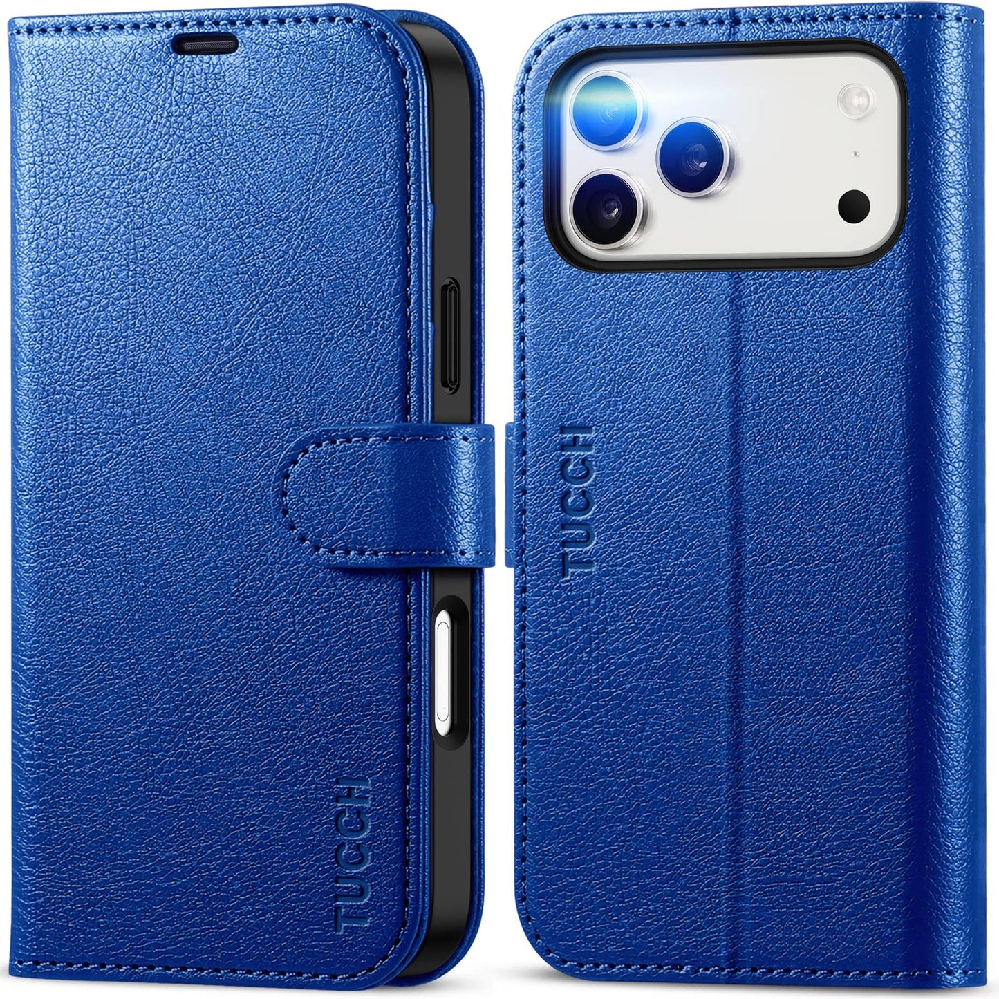 TUCCH usnjena preklopna torbica za iPhone 17 Pro Max modra