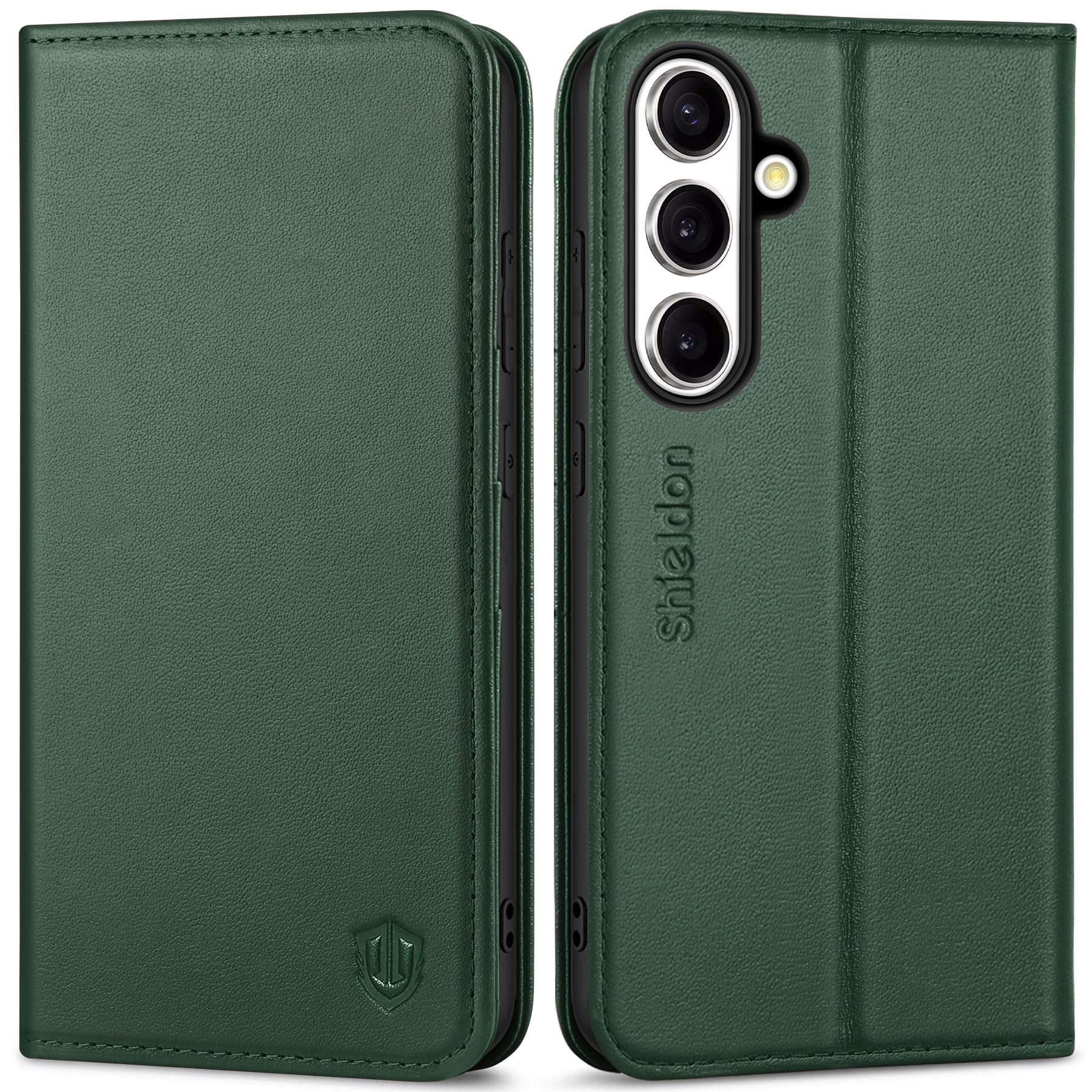 SHIELDON usnjena denarnica za Galaxy S24 Plus polnočno zelena, luksuzna torbica z žepi za kartice in zaščito