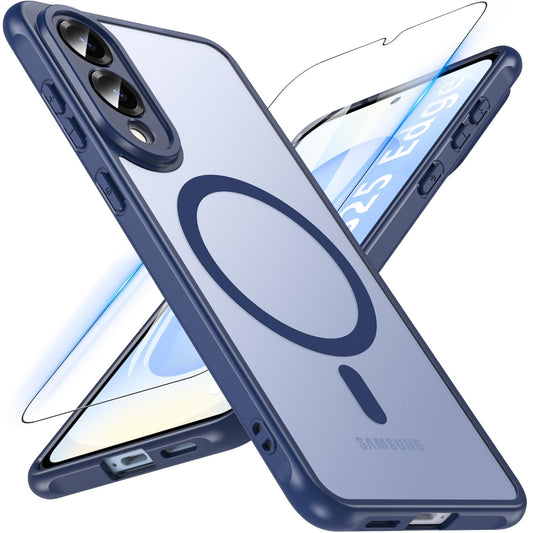 Magnetni ovitek za Samsung Galaxy S25 Edge – 9H steklo, MagSafe, vojaška zaščita, moder