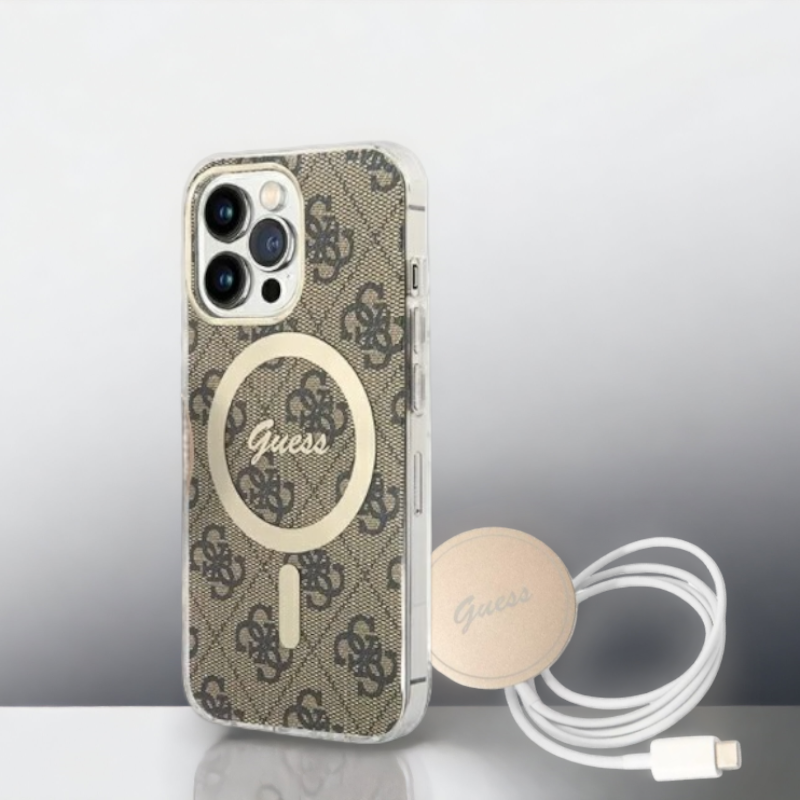 Guess komplet ovitek + polnilec (MagSafe) "brown" za iPhone 14 Pro (GUBPP14LH4EACSW) – Rjava / TPC + PC