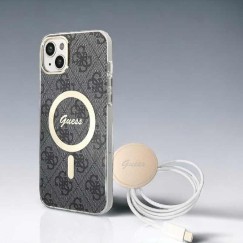 Guess komplet ovitek + polnilec (MagSafe) "black" za iPhone 14 Plus / 15 Plus (GUBPP14MH4EACSK) – Črna / TPC + PC