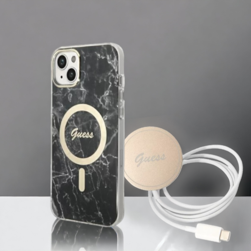 Guess komplet ovitek + polnilec (MagSafe) "Marble black" za iPhone 13/14/15 (BUGUHMP14SHMEACSK) – Črna / TPC + PC