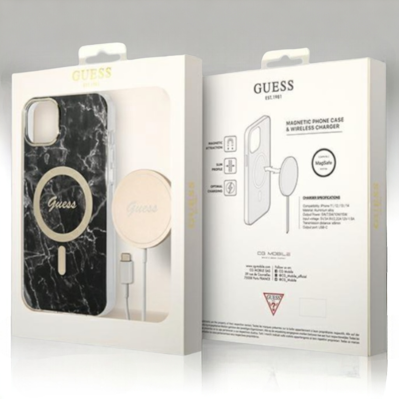 Guess komplet ovitek + polnilec (MagSafe) "Marble black" za iPhone 14 Pro (GUBPP14LHMEACSK)