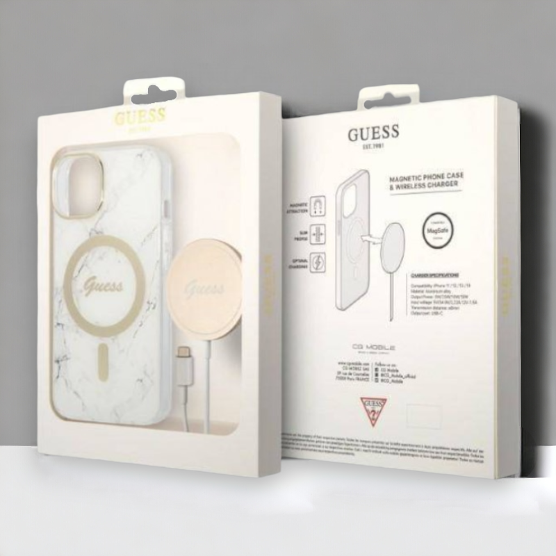 Guess komplet ovitek + polnilec (MagSafe) "Marble white" za iPhone 14 Pro (GUBPP14LHMEACSH)