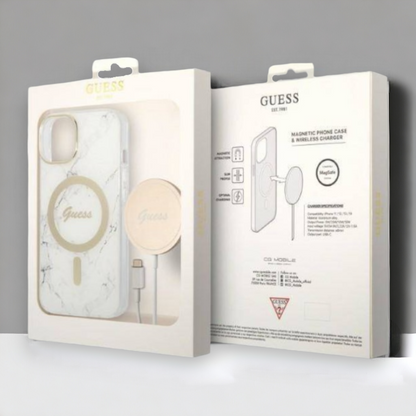 Guess komplet ovitek + polnilec (MagSafe) "Marble white" za iPhone 14 Pro (GUBPP14LHMEACSH)
