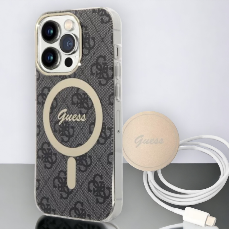 Guess komplet ovitek + polnilec (MagSafe) "black" za iPhone 14 Pro (BUGUHMP14LH4EACSK) – Črna / TPC + PC
