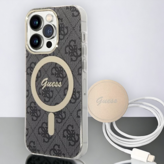 Guess komplet ovitek + polnilec (MagSafe) "black" za iPhone 14 Pro (BUGUHMP14LH4EACSK) – Črna / TPC + PC