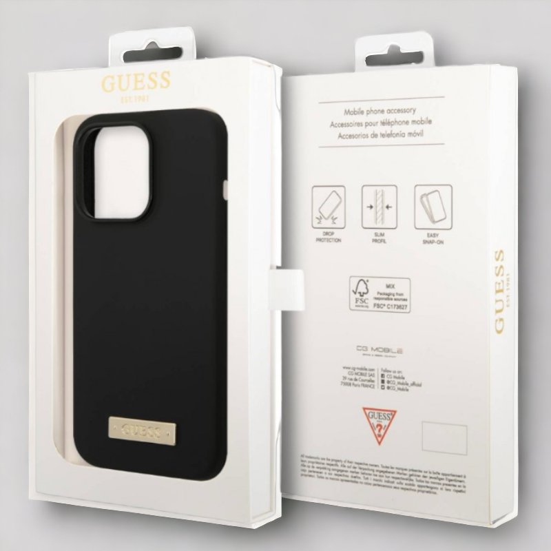 Silikonski ovitek Guess "Metal Logo" za iPhone 14 Pro z MagSafe tehnologijo - črn (GUHMP14LSBPLK)