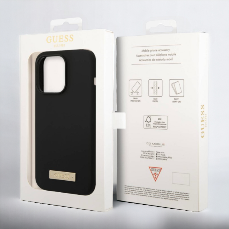 Silikonski ovitek Guess "Metal Logo" za iPhone 14 Plus/ 15 Plus z MagSafe tehnologijo - črn (GUHMP14MSBPLK)