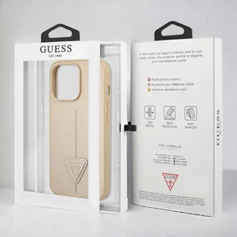 Ovitek Guess "Saffiano Triangle Logo" za iPhone 13 Pro Max/12 Pro Max - bež (GUHCP13XPSATLE)