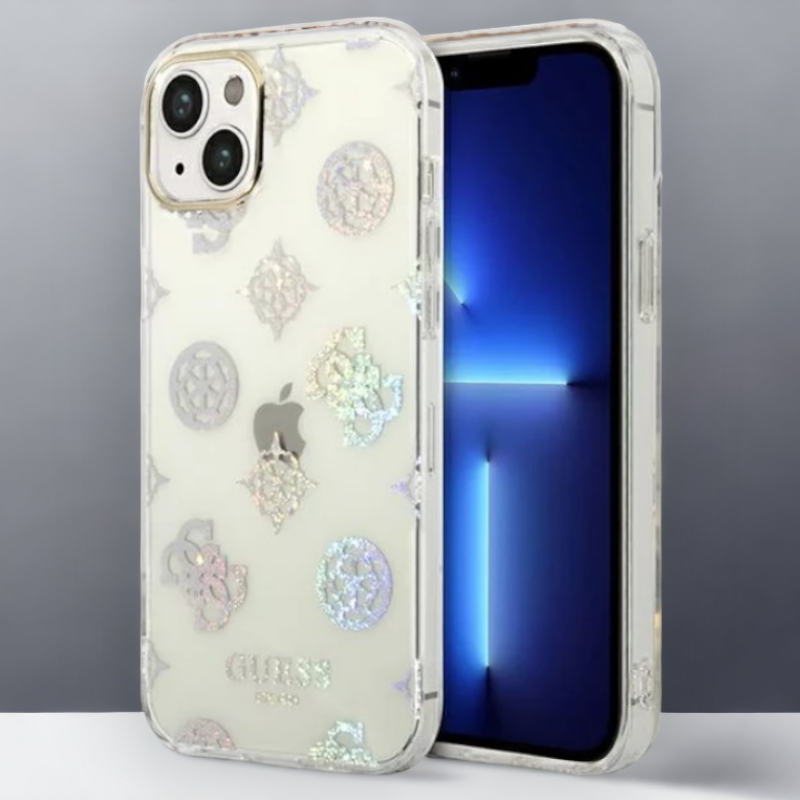 Ovitek Guess "Peony Glitter" za iPhone 13/14/15 (GUHCP14SHTPPTH) – Prozorna / PC + TPU silikon