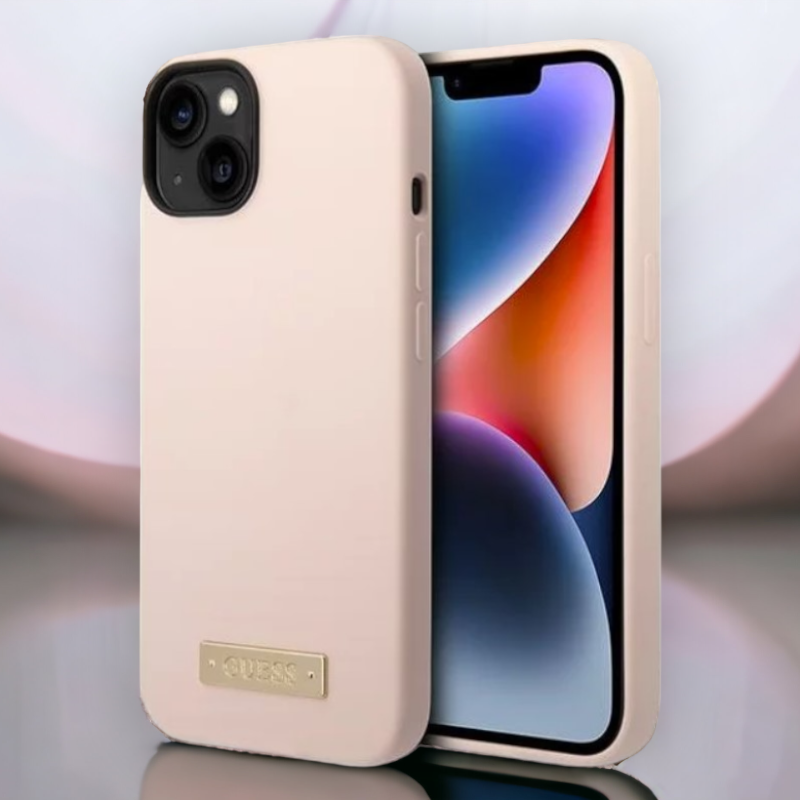 Ovitek Guess "Metal Logo" za iPhone 14 Pro s tehologijo MagSafe - roza (GUHMP14LSBPLP) – Svetlo roza / Silikon