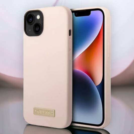 Ovitek Guess "Metal Logo" za iPhone 14 Pro s tehologijo MagSafe - roza (GUHMP14LSBPLP) – Svetlo roza / Silikon