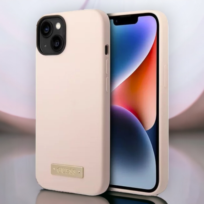 Ovitek Guess "Metal Logo" za iPhone 14 Plus/ 15 Plus s tehologijo MagSafe - roza (GUHCP14MSBPLP) – Svetlo roza / Silikon
