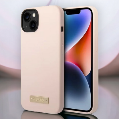 Ovitek Guess "Metal Logo" za iPhone 14 Plus/ 15 Plus s tehologijo MagSafe - roza (GUHCP14MSBPLP) – Svetlo roza / Silikon