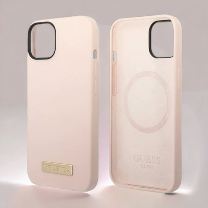 Ovitek Guess "Metal Logo" za iPhone 14 Pro s tehologijo MagSafe - roza (GUHMP14LSBPLP)