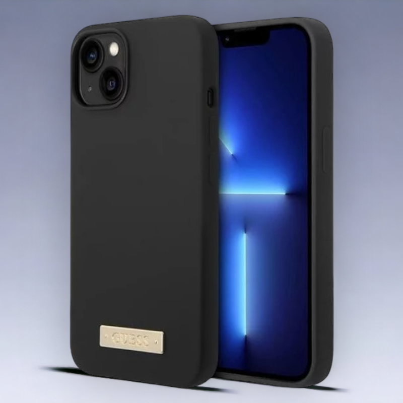 Silikonski ovitek Guess "Metal Logo" za iPhone 14 Plus/ 15 Plus z MagSafe tehnologijo - črn (GUHMP14MSBPLK) – Črna / Sil