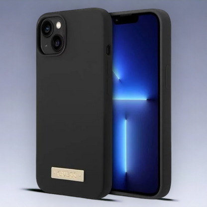 Silikonski ovitek Guess "Metal Logo" za iPhone 14 Plus/ 15 Plus z MagSafe tehnologijo - črn (GUHMP14MSBPLK) – Črna / Sil