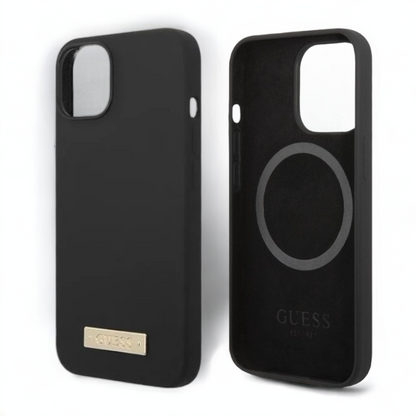 Silikonski ovitek Guess "Metal Logo" za iPhone 14 Plus/ 15 Plus z MagSafe tehnologijo - črn (GUHMP14MSBPLK)
